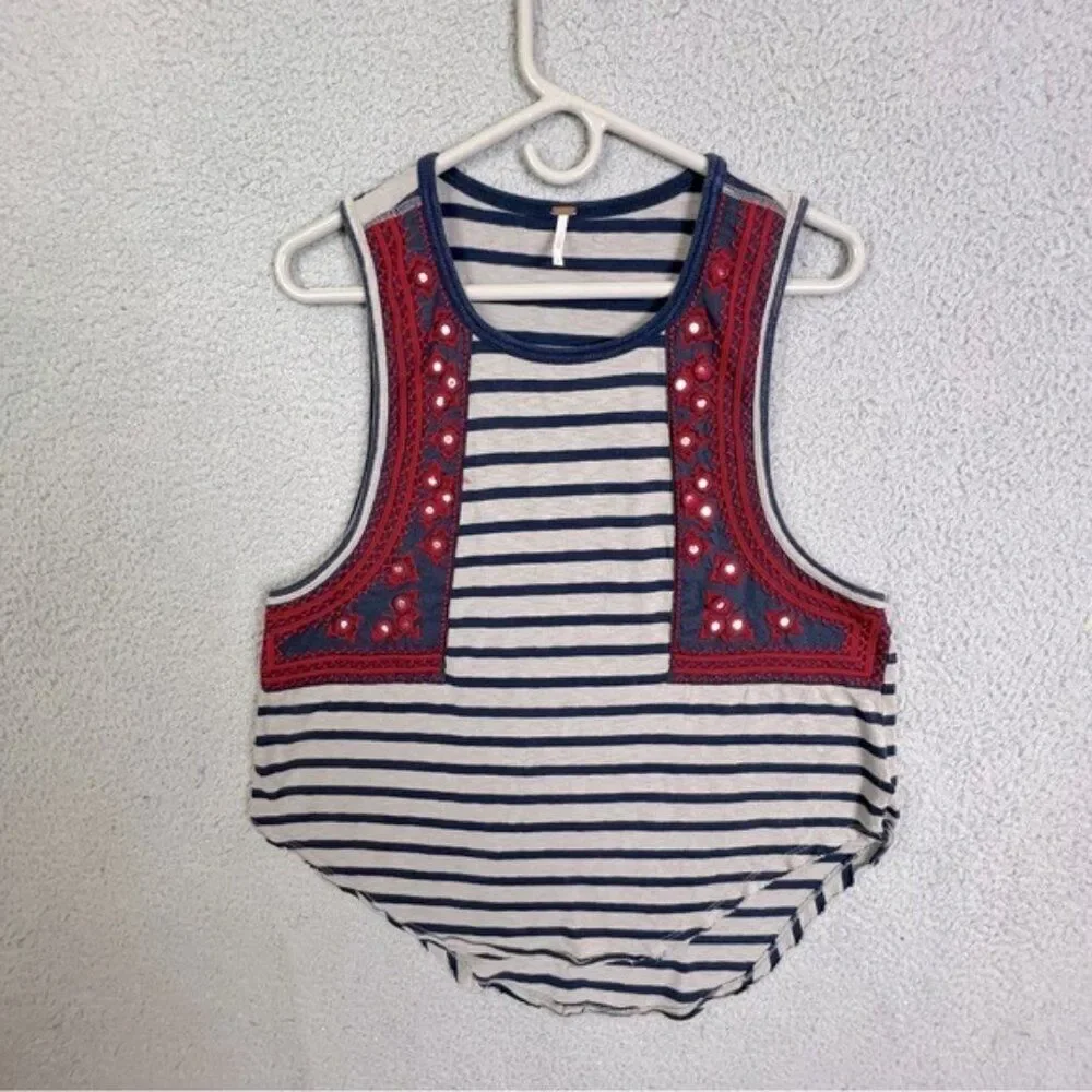 FREE PEOPLE WOMENS TANK TOP GRAY BLUE STRIPES SIZE S